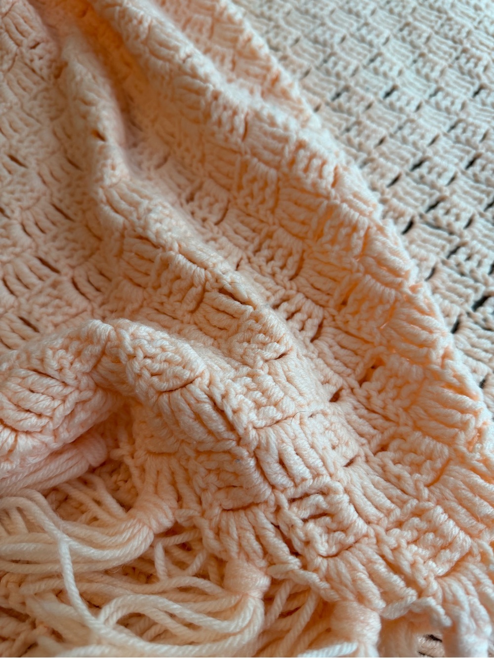 Hand Crocheted Peach Pink Fringe Afghan Throw Blanket Boho Cottagecore